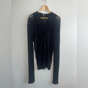 Free People Sheer Knit Collared Button-Up Top Size L